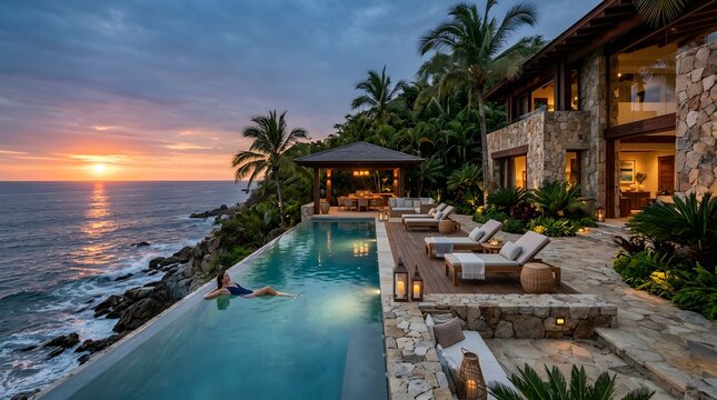 21. luxury tropical residence, floating infinity pool, lush palm garden, natural stone architecture, warm evening ambiance, exclusive resort lifestyle, photorealistic.