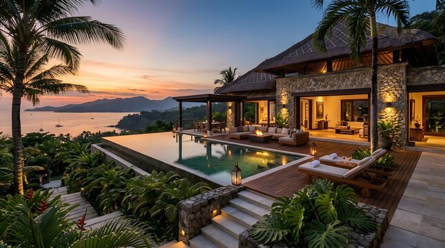 21. luxury tropical residence, floating infinity pool, lush palm garden, natural stone architecture, warm evening ambiance, exclusive resort lifestyle, photorealistic.