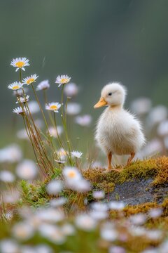 Charming Duckling Stands Among Daisies in a Lush Meadow Close Up Portrait Adorable Spring Scene Nature Photography