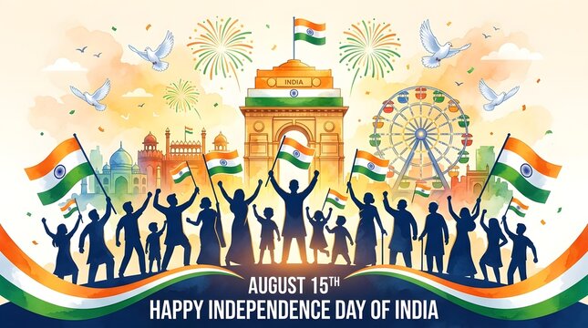 India independence day celebration vibrant watercolor illustration with national flags landmarks