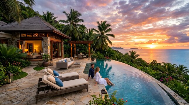 7. exclusive beachfront villa, cantilever architecture, infinity pool merging with the ocean, glowing sunset, tropical landscaping, cinematic luxury real estate, ultra realistic.