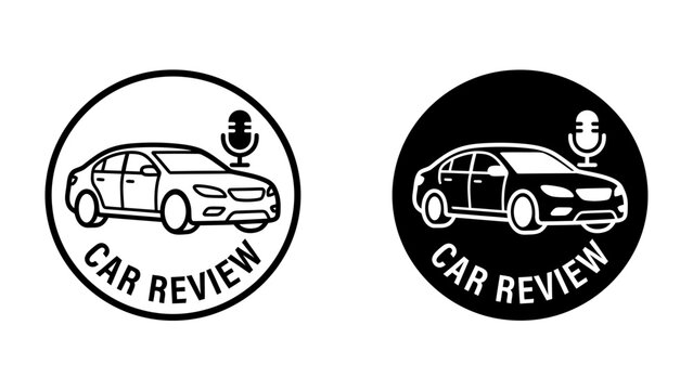 Car Review Emblem: A graphic emblem features a car silhouette with a microphone above it, signifying a car review or automotive podcast. Available in both black and white.