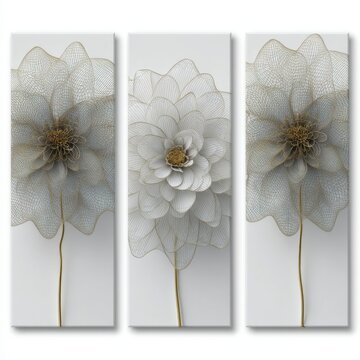 Three canvas panels displaying white and gold floral art in a vertical triptych arrangement against a clean white background