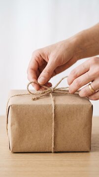 Hands tying a string bow on a brown paper package