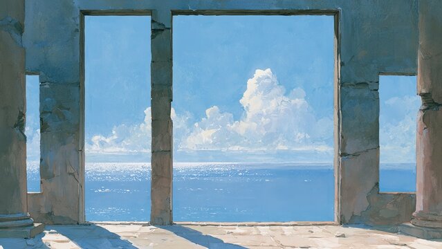 遺跡の窓から望む青い海と空 幻想的な風景イラスト 背景素材