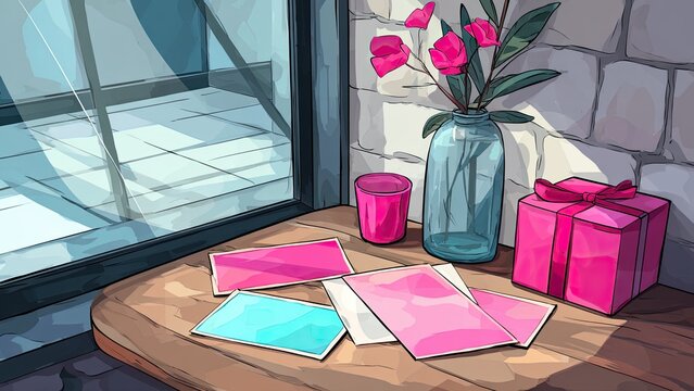 ピンクのギフトボックスと花 メッセージカード テーブル静物イラスト