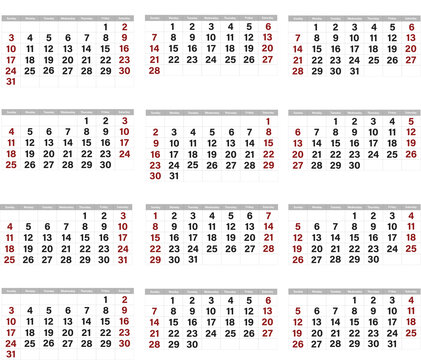 Simple and clean 2027 full year calendar template on transparent background, featuring 12 months with red highlights for weekends. Ideal for planning and organization.
