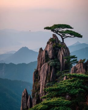 Lone Pine Tree atop Granite Peak in Huangshan Mountains China at Dusk Scenic Landscape Vertical View