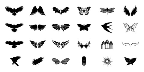 Fototapeta premium Wing Designs Set with 24 Distinct Black and White Vector Silhouettes for Decorative Fashion and Tattoo Patterns