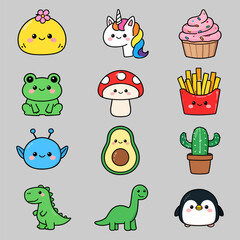 Kawaii sticker set with 12 cute cartoon icons, adorable animal and food characters, colorful vector illustrations for kids and planners © Rafiul2007
