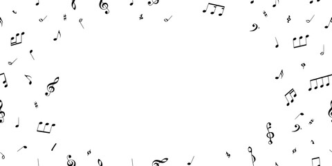 Obraz premium Musical Notes Abstract Pattern with Scattered Black Symbols on White Background for Creative Music Design