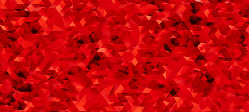 Dynamic red geometric pattern with faceted surfaces and light reflections.