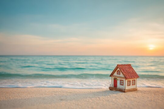 Miniature House on Sandy Beach at Sunset Close Up Shot Dream Home Vacation Rental Property Investment Real Estate Coastal Living Tropical Paradise