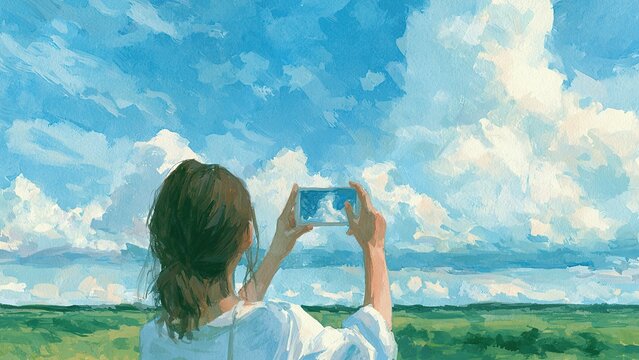 青空と積雲をスマートフォンで撮影する人物 夏の風景イラスト