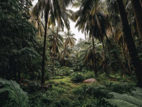 Lush Tropical Jungle Scene with Palm Trees and Dense Vegetation in Natural Light Environment