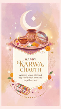 Happy Karwa Chauth greeting card with crescent moon chalni sieve karwa pot and marigold flowers on soft pastel background design