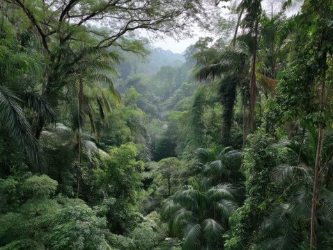 Lush green rainforest canopy view from above in tropical setting with mist and dense foliage