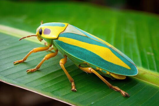 Jewel bug resting on a green leaf close up macro shot in natural light showing vibrant colors and intricate details
