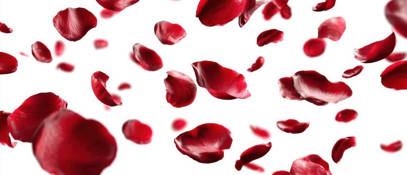 Romantic Red Rose Petals Falling Down in a Cascade on White Background Studio Shot for Valentine's Day or Wedding Celebration