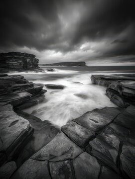 Dramatic Monochrome Seascape with Rocky Cliffs and Flowing Water Long Exposure Photography Australia