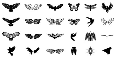 Obraz premium Wing Design Set with 24 Distinct Black and White Silhouettes, Butterflies, Feathers, Bats, and Decorative Shapes