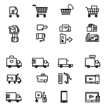Online shopping icon set with black and white line art arranged in an 8x8 grid featuring shopping cart, credit card, delivery truck with digital device and payment method