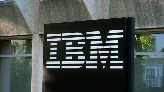 Leicester, England, UK - 24 May 2026: IBM corporate logo sign outside office building, close up of international business machines corporation branding, technology company headquarters exterior