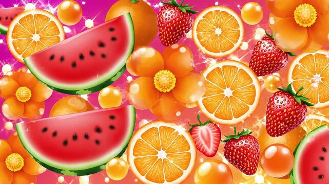 Floating mix of summer fruits on vibrant gradient background