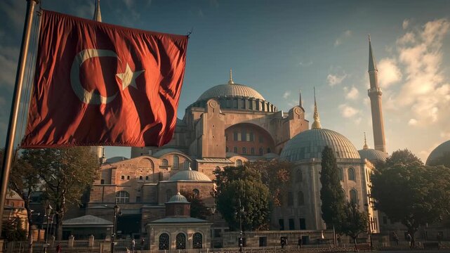 Red Turkish flag waving proudly before the majestic Hagia Sophia building.