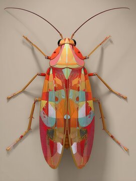 Colorful insect artwork close up top down studio shot of a unique bug with geometric patterns and long antennae