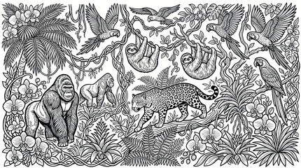 Intricate jungle wildlife coloring page with gorilla and leopard. © IG