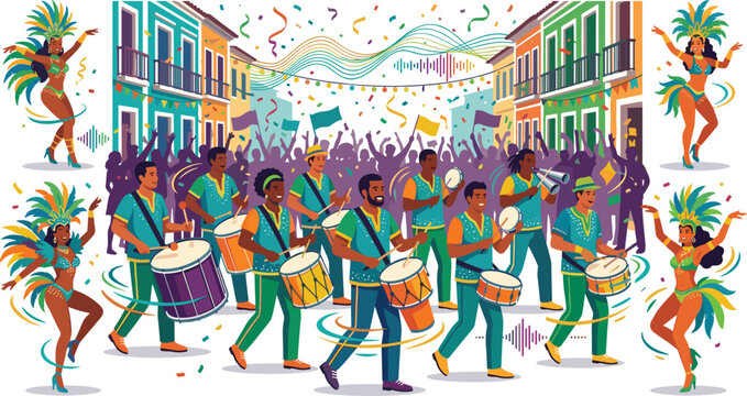 Brazilian Rio Carnival street parade vector illustration with samba dancers and percussion musicians drumming festive celebration event