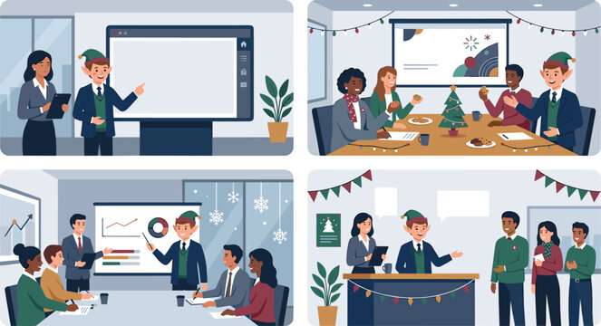 Business corporate Christmas meeting and holiday office presentation set with diverse employees in elf hats vector illustration