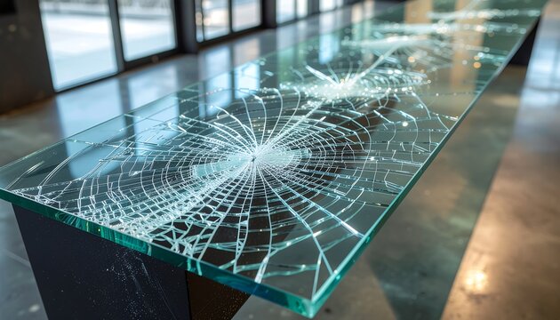 Modern glass table with unique cracked design.