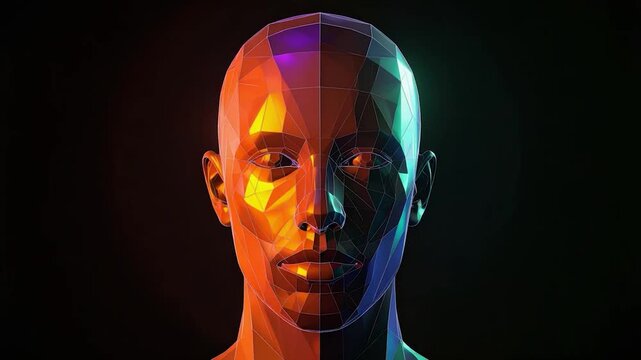 A geometric human face with color gradients. Dramatic lighting