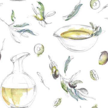 Mediterranean olive branches, glass decanter, spout lip bowl. Seamless pattern in gentle watercolor washes and pencil detail. Nature inspired illustration. Packaging, wellness campaigns, gift products