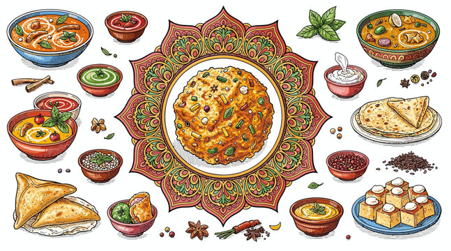 Indian Food Assortment - Delicious Cuisine Illustration with Spices and Mandala