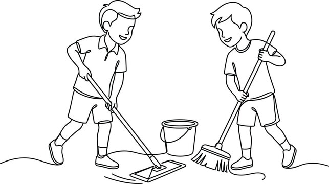 Continuous line art vector illustration of two boys cleaning floor with mop broom and bucket for housework concept
