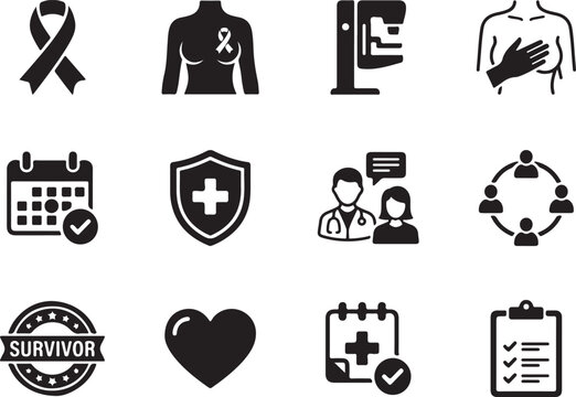 Breast cancer awareness and medical screening icon set collection