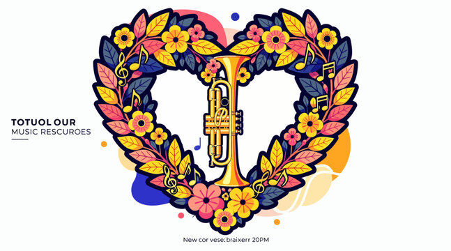 Heart Wreath Trumpet Art with Musical Notes and Flowers - Love Jazz