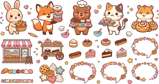 Cute cartoon animal bakers sticker sheet vector with pastel sweets cakes pastries bakery storefront and frames for scrapbooking
