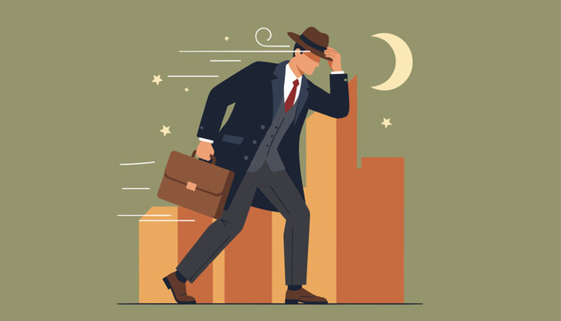 Determined businessman in a winter coat runs against a strong wind, holding his hat and a brown leather briefcase.