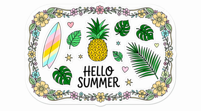 Hello Summer Tropical Sticker Pack: Pineapple, Surfboard, Leaves, Flowers