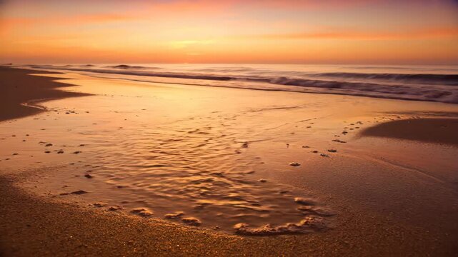 Golden sunset over ocean waves washing up on a sandy beach with reflections and footprints