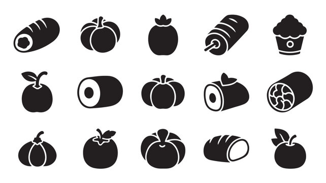 Minimalist food icons set, 15 black solid vector symbols of bakery items and fruits, flat graphic elements for restaurant menus and grocery apps