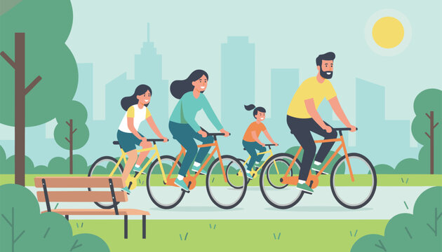 Active and happy family of four happily riding bicycles together on a path in the city park during a sunny summer day.