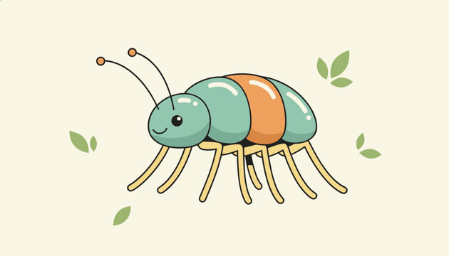 Adorable cartoon pill bug illustration with colorful green and orange segments on its back over light background.