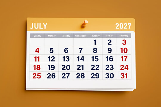 July 2027 calendar page with a pushpin on a orange background. Concept of business planning, scheduling appointments, corporate timeline, and time management goals. 3D illustration