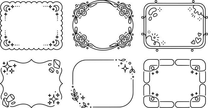 Set of handdrawn doodle frames with stars, moons, hearts, and decorative elements transparent background