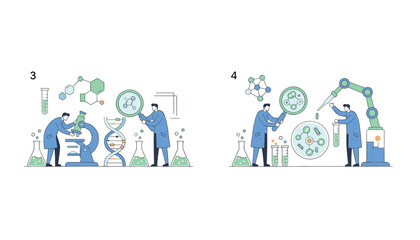 Fototapeta premium Modern scientific research scenes including robotic automation and genetic analysis in a clean laboratory.